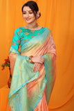 Peach And Sky Pure Silk Kanjivaram Saree With Zari Weaving