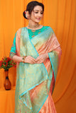 Peach And Sky Pure Silk Kanjivaram Saree With Zari Weaving