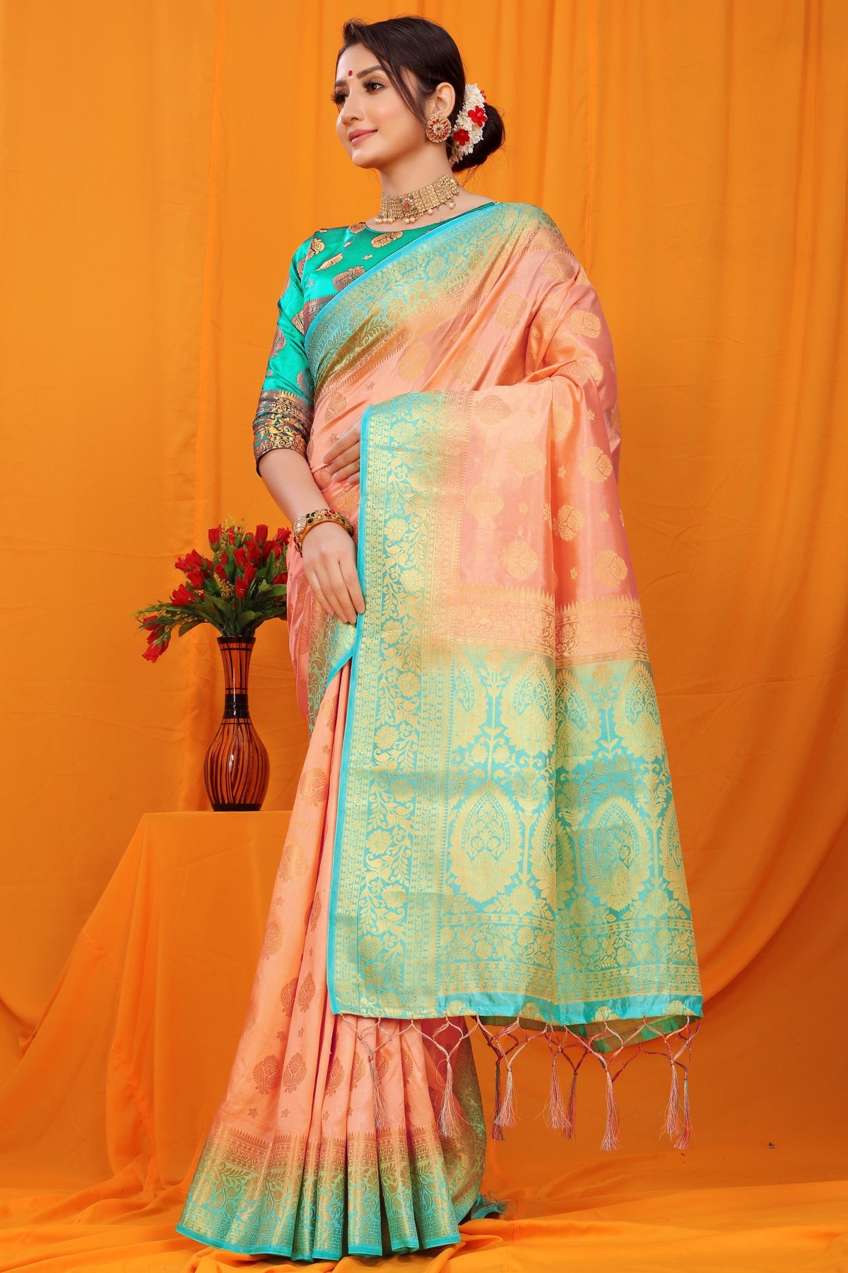 Peach And Sky Pure Silk Kanjivaram Saree With Zari Weaving