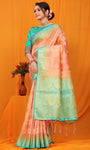 Peach And Sky Pure Silk Kanjivaram Saree With Zari Weaving