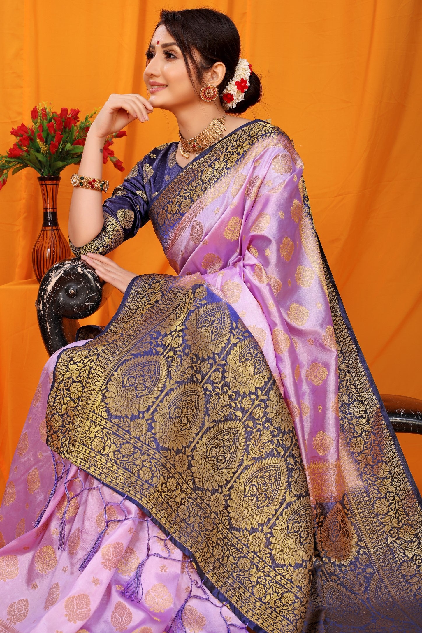 Purple And Blue Pure Silk Kanjivaram Saree With Zari Weaving