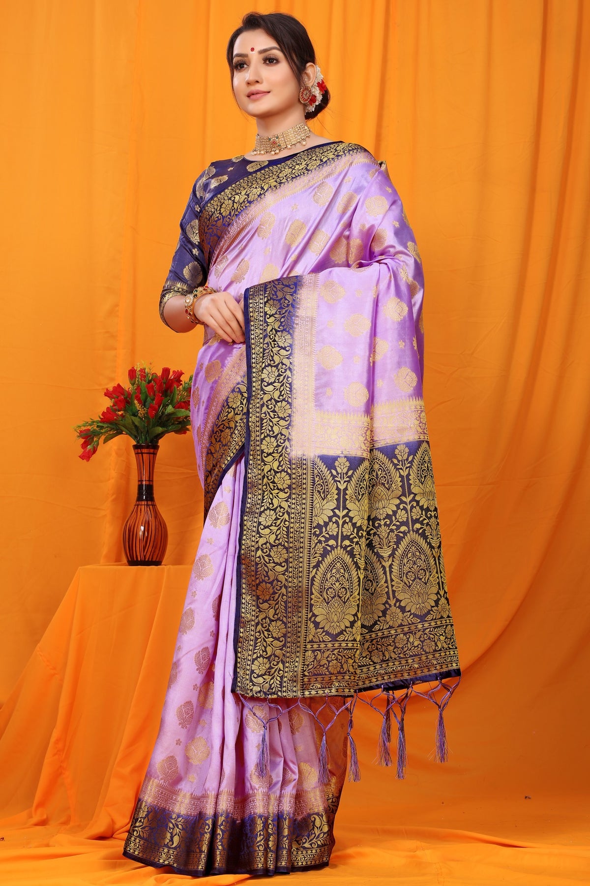 Purple And Blue Pure Silk Kanjivaram Saree With Zari Weaving