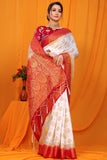 White And Red Pure Silk Kanjivaram Saree With Zari Weaving