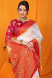 White And Red Pure Silk Kanjivaram Saree With Zari Weaving