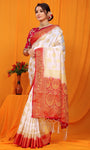 White And Red Pure Silk Kanjivaram Saree With Zari Weaving