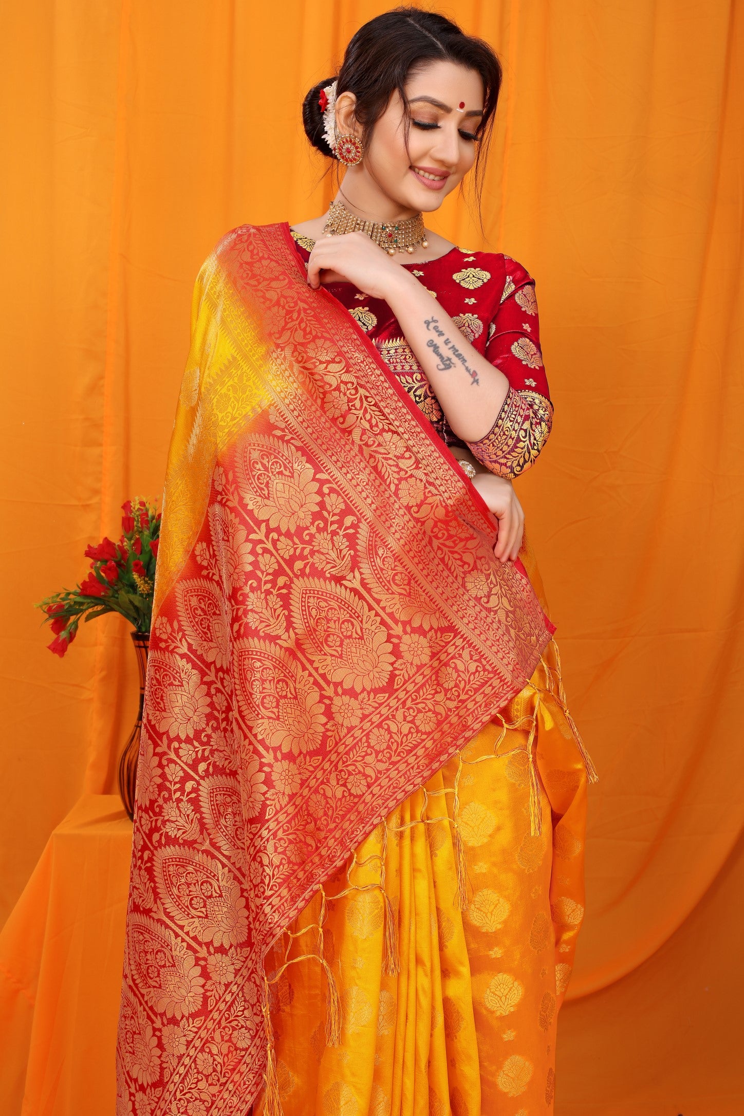 Yellow And Red Pure Silk Kanjivaram Saree With Zari Weaving