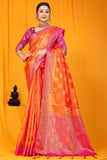 Orange And Pink Pure Silk Kanjivaram Saree With Zari Weaving