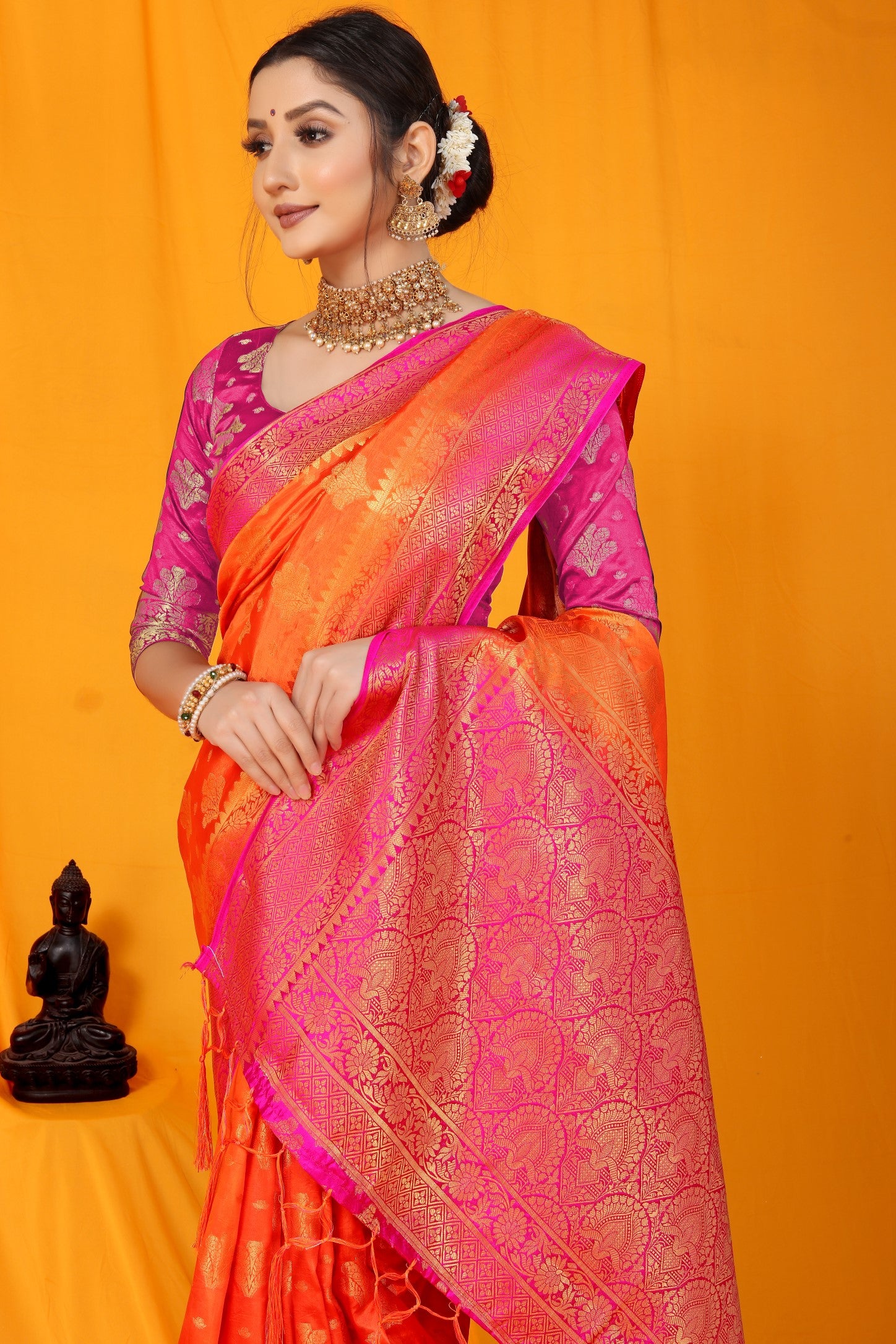 Orange And Pink Pure Silk Kanjivaram Saree With Zari Weaving