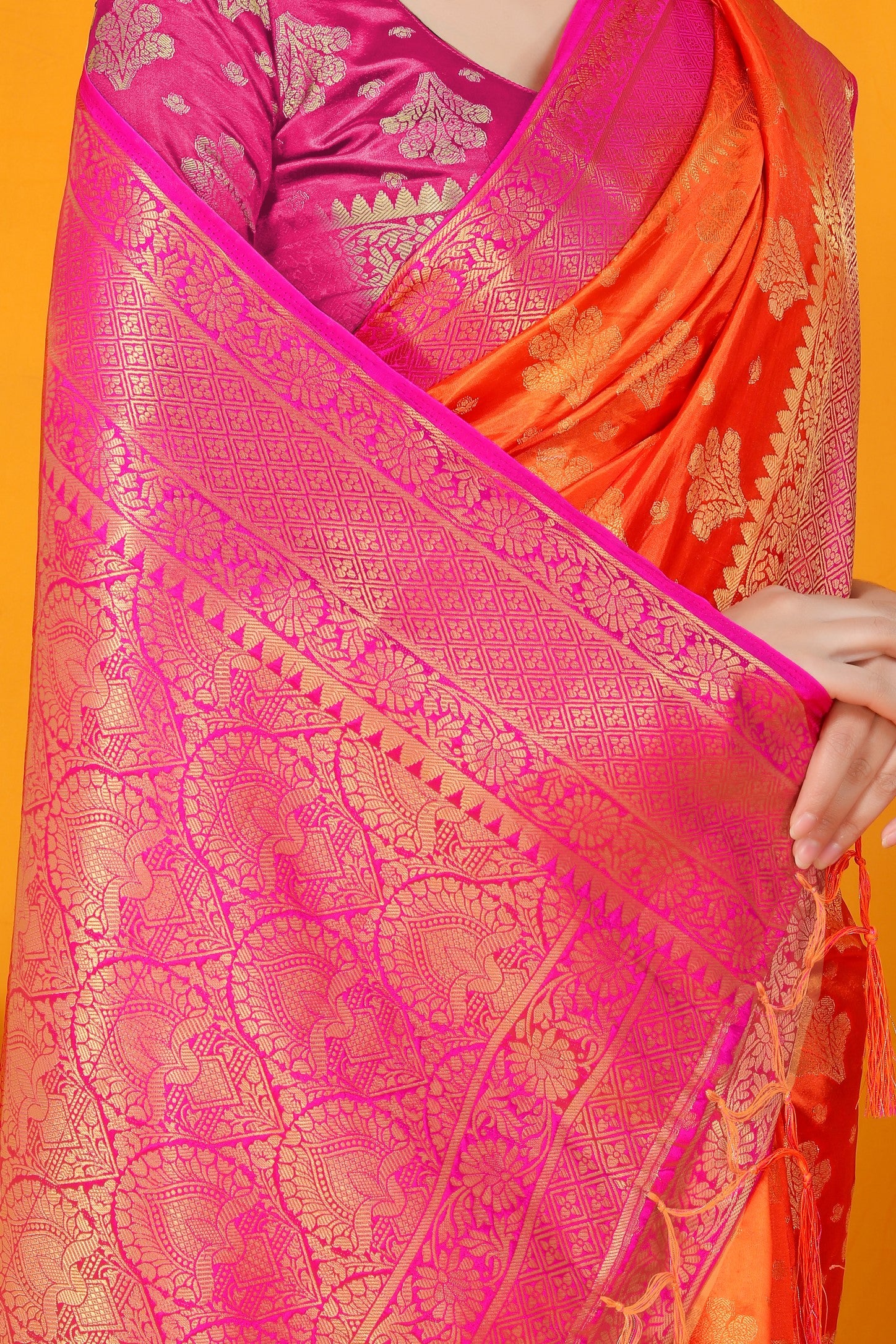 Orange And Pink Pure Silk Kanjivaram Saree With Zari Weaving