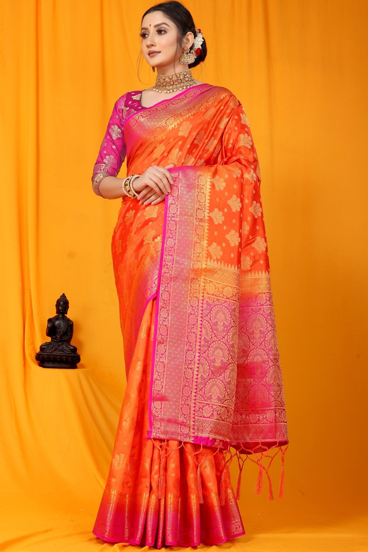 Orange And Pink Pure Silk Kanjivaram Saree With Zari Weaving