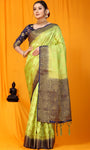 Parrot And Blue Pure Silk Kanjivaram Saree With Zari Weaving