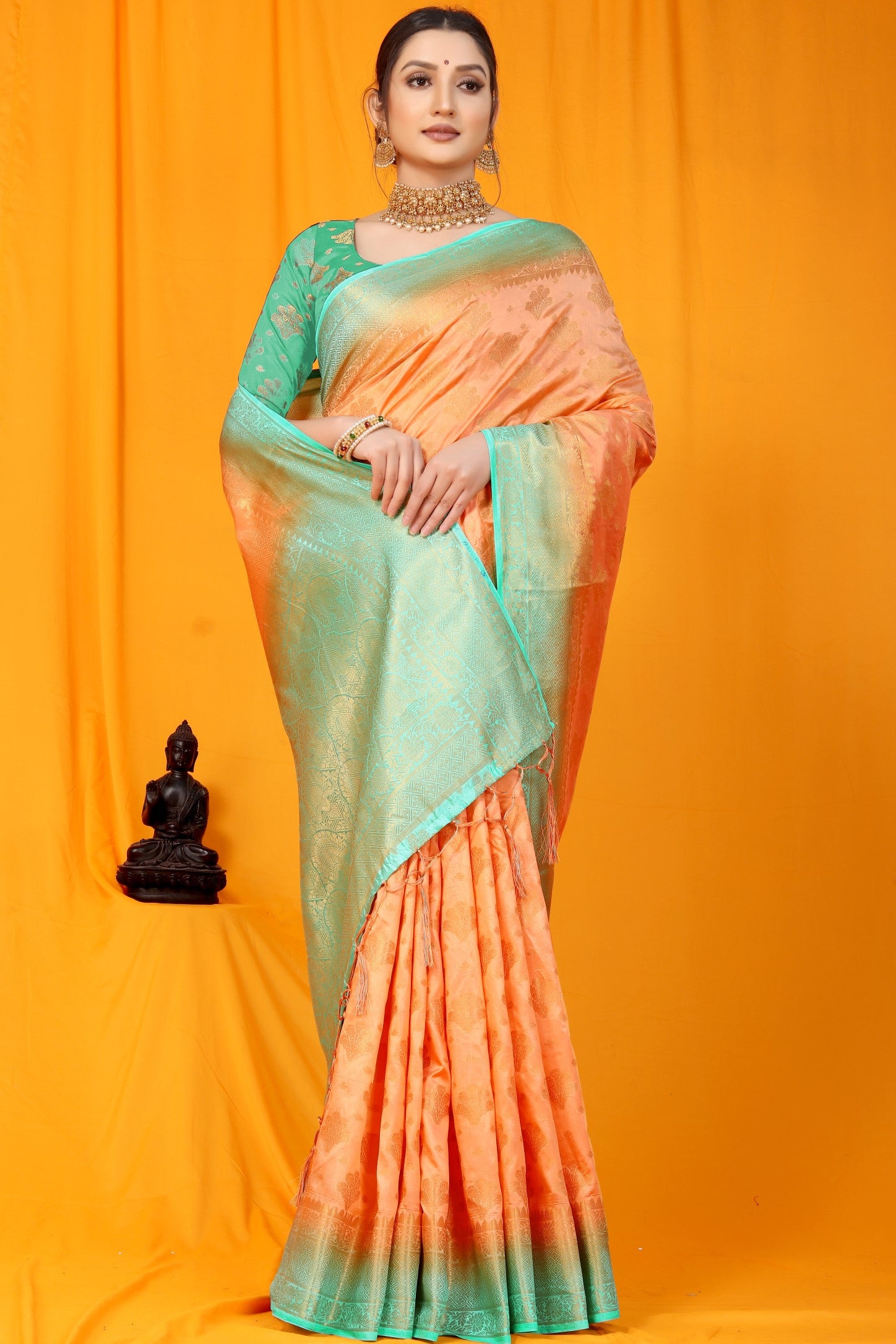 Peach And Sky Pure Silk Kanjivaram Saree With Zari Weaving