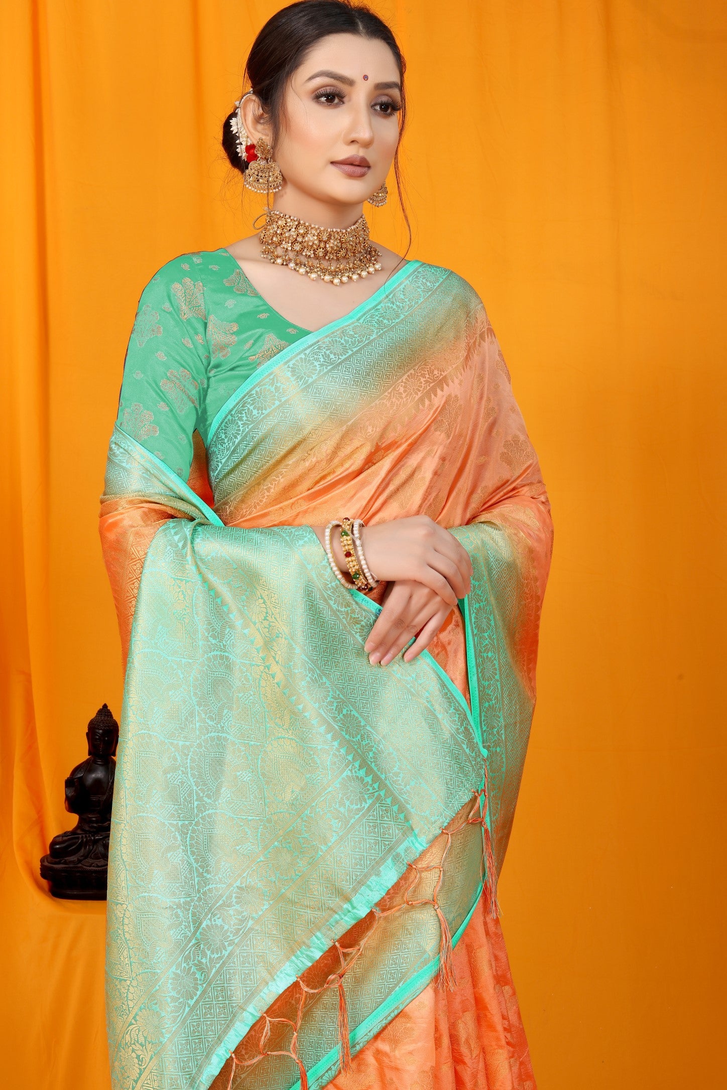 Peach And Sky Pure Silk Kanjivaram Saree With Zari Weaving