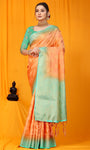 Peach And Sky Pure Silk Kanjivaram Saree With Zari Weaving