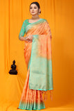 Peach And Sky Pure Silk Kanjivaram Saree With Zari Weaving