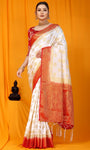 White And Red Pure Silk Kanjivaram Saree With Zari Weaving