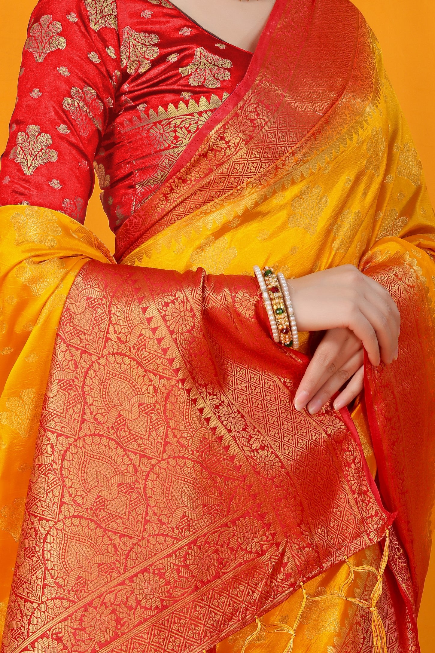 Yellow And Red Pure Silk Kanjivaram Saree With Zari Weaving