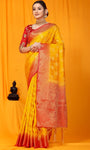 Yellow And Red Pure Silk Kanjivaram Saree With Zari Weaving