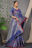 Navy Blue Beautiful Soft Silk Banarasi Saree With Silver Zari Weaving