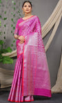 Pink Beautiful Soft Silk Banarasi Saree With Silver Zari Weaving