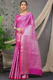 Pink Beautiful Soft Silk Banarasi Saree With Silver Zari Weaving