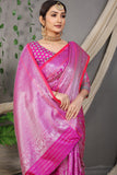 Pink Beautiful Soft Silk Banarasi Saree With Silver Zari Weaving