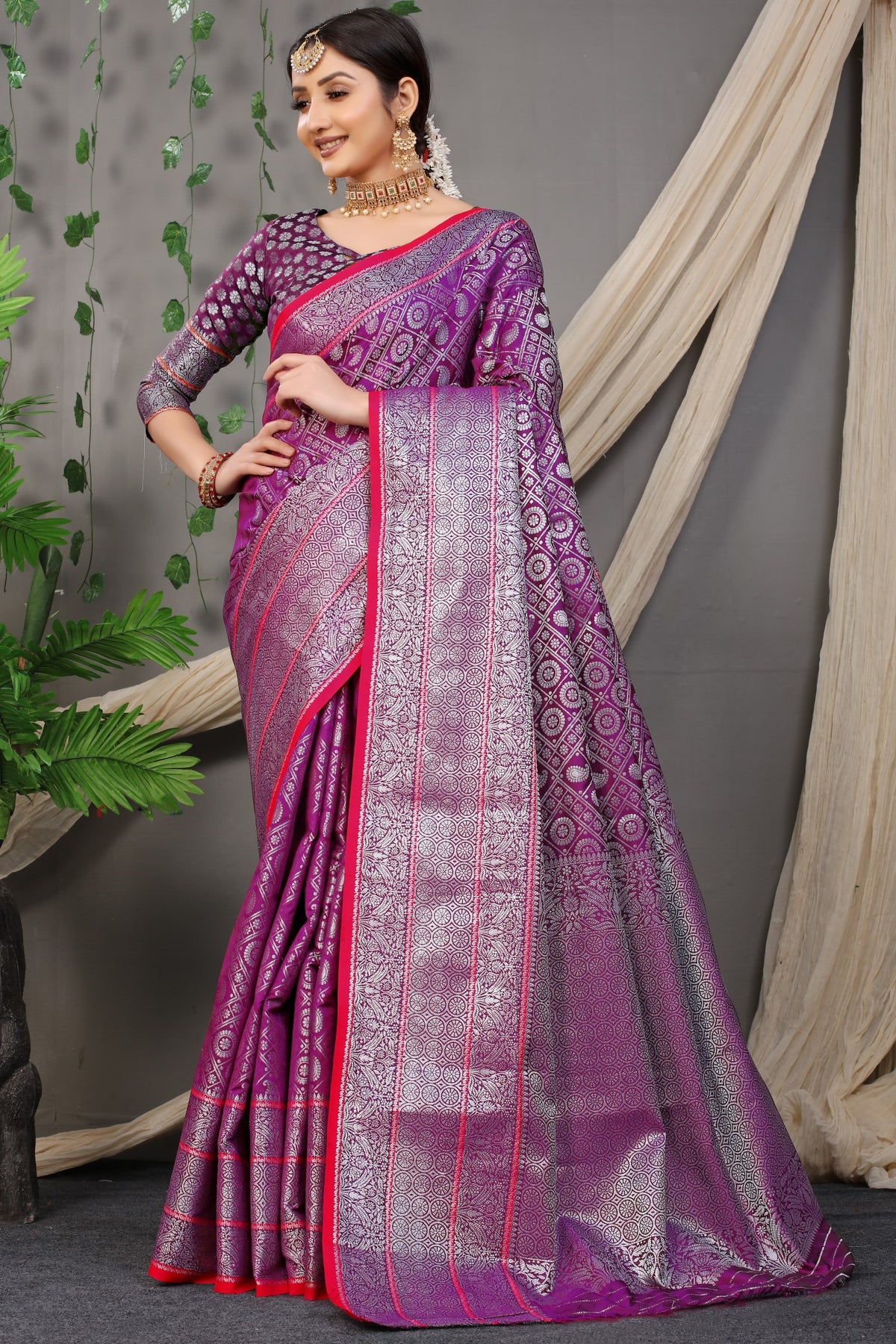 Purple Beautiful Soft Silk Banarasi Saree With Silver Zari Weaving