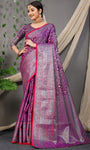 Purple Beautiful Soft Silk Banarasi Saree With Silver Zari Weaving