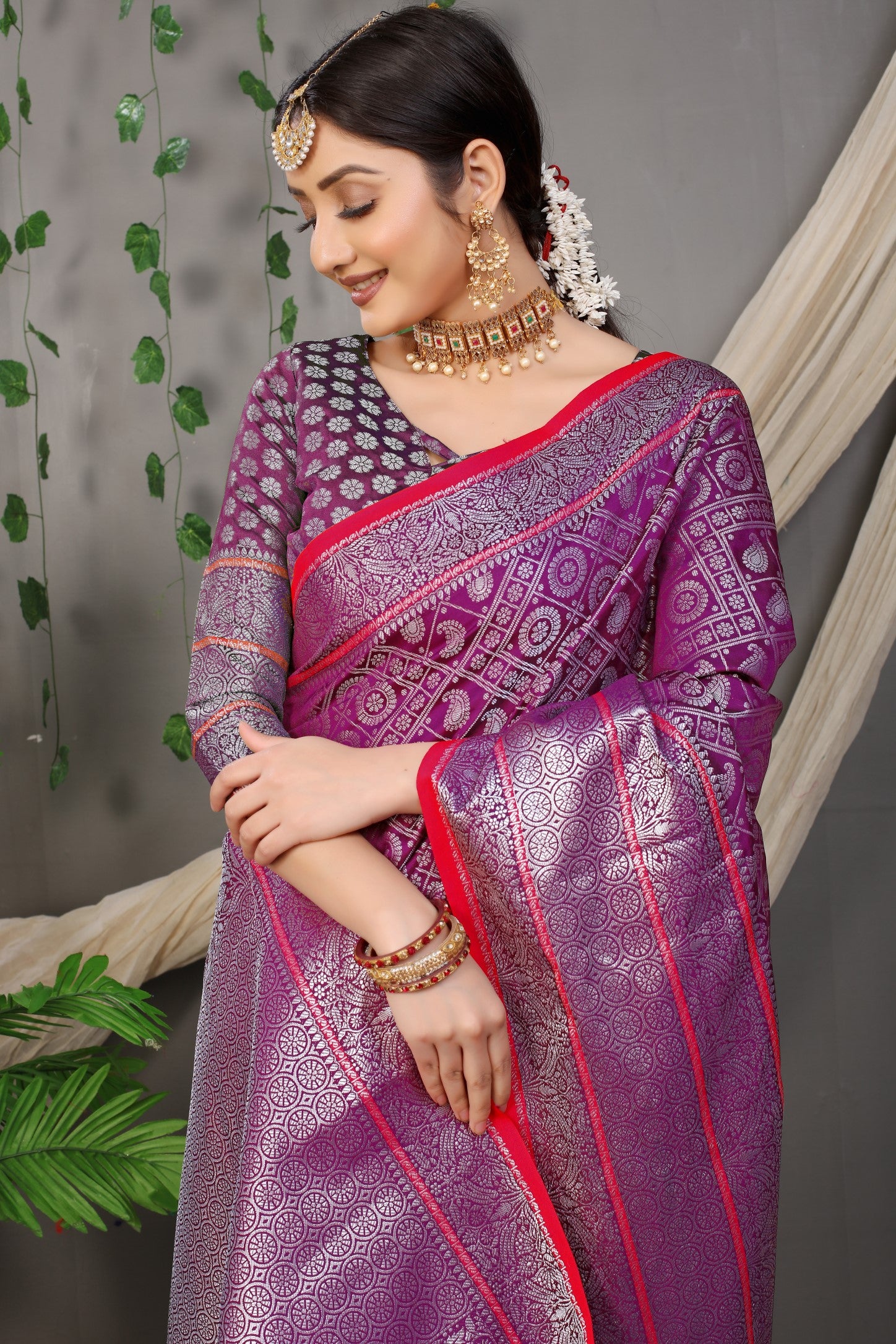 Purple Beautiful Soft Silk Banarasi Saree With Silver Zari Weaving