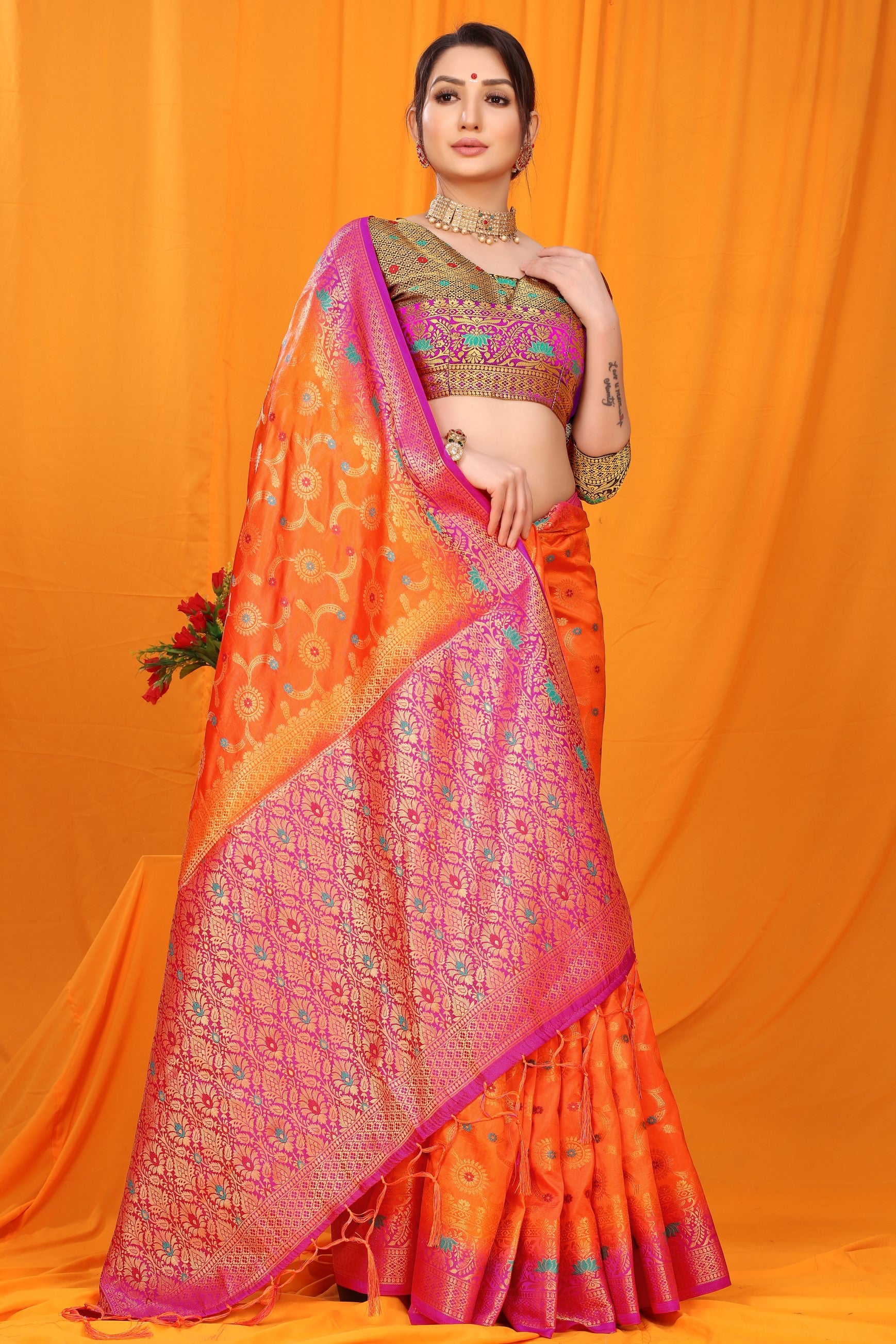 Orange And Pink Pure Silk Kanjivaram Saree With Zari Weaving