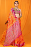 Orange And Pink Pure Silk Kanjivaram Saree With Zari Weaving