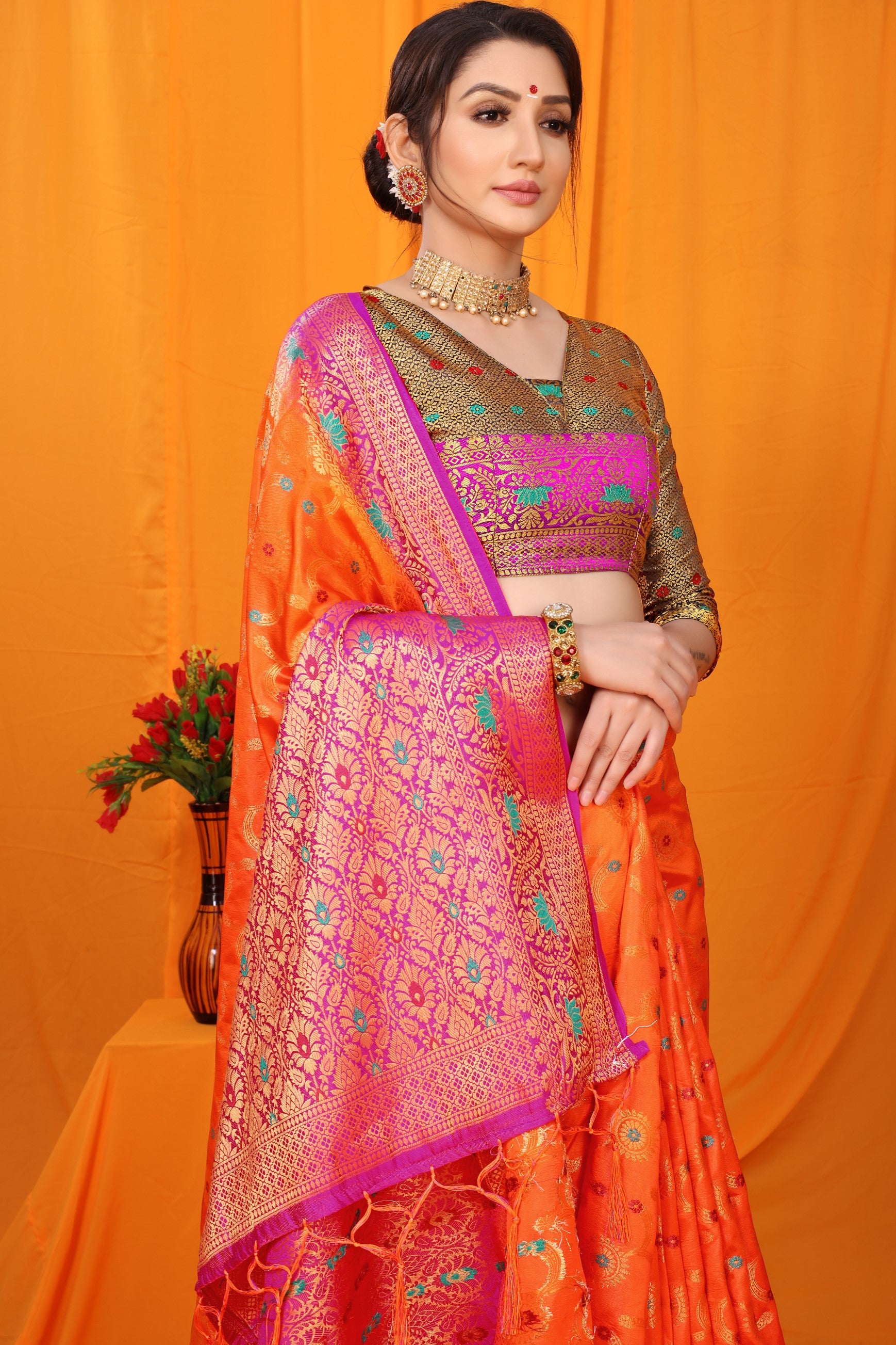 Orange And Pink Pure Silk Kanjivaram Saree With Zari Weaving