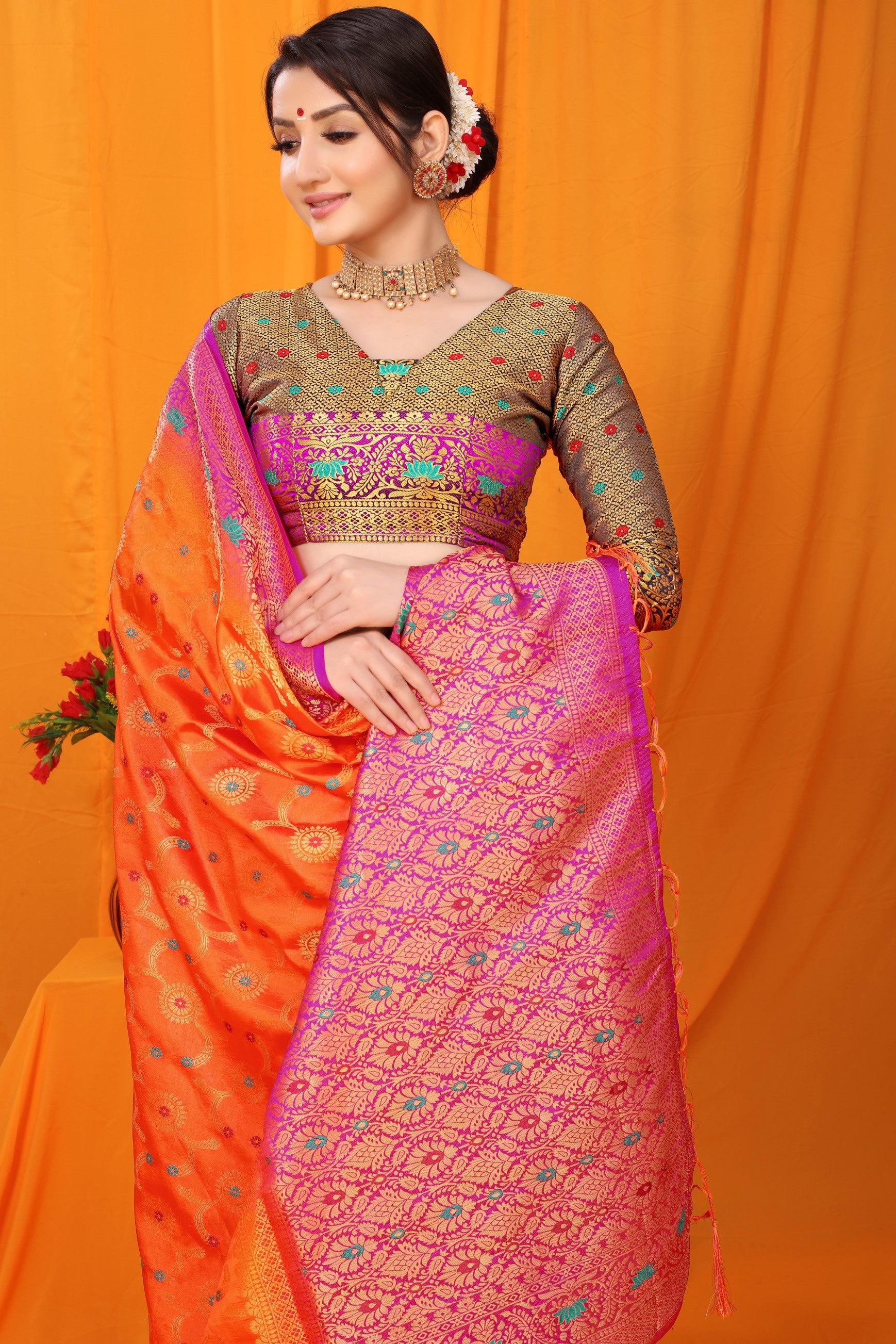 Orange And Pink Pure Silk Kanjivaram Saree With Zari Weaving