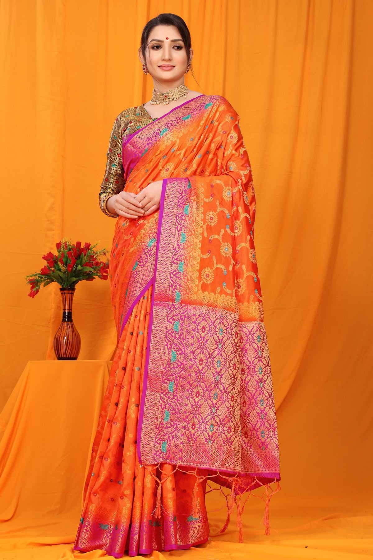 Orange And Pink Pure Silk Kanjivaram Saree With Zari Weaving