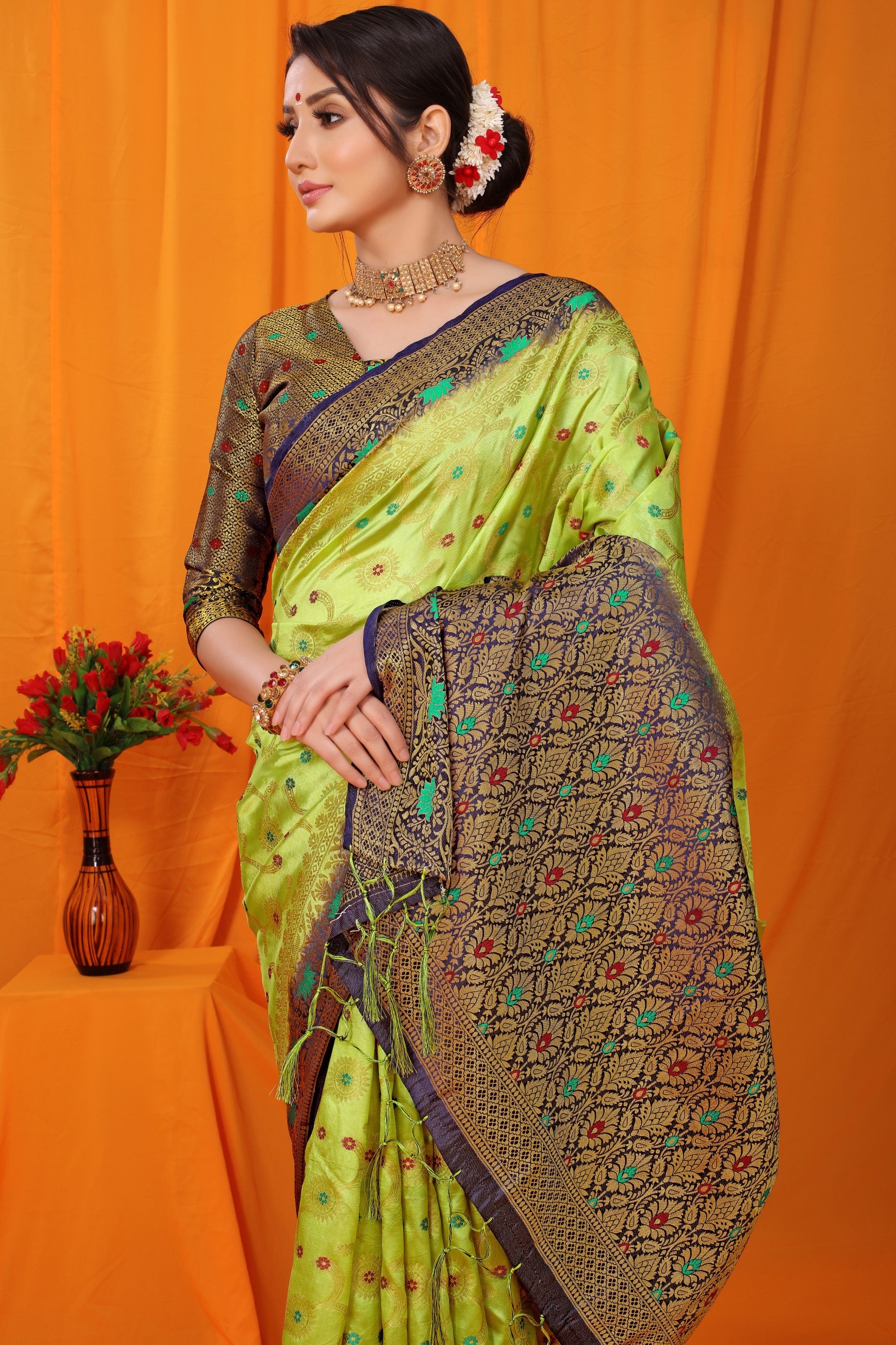 Parrot And Blue Pure Silk Kanjivaram Saree With Zari Weaving