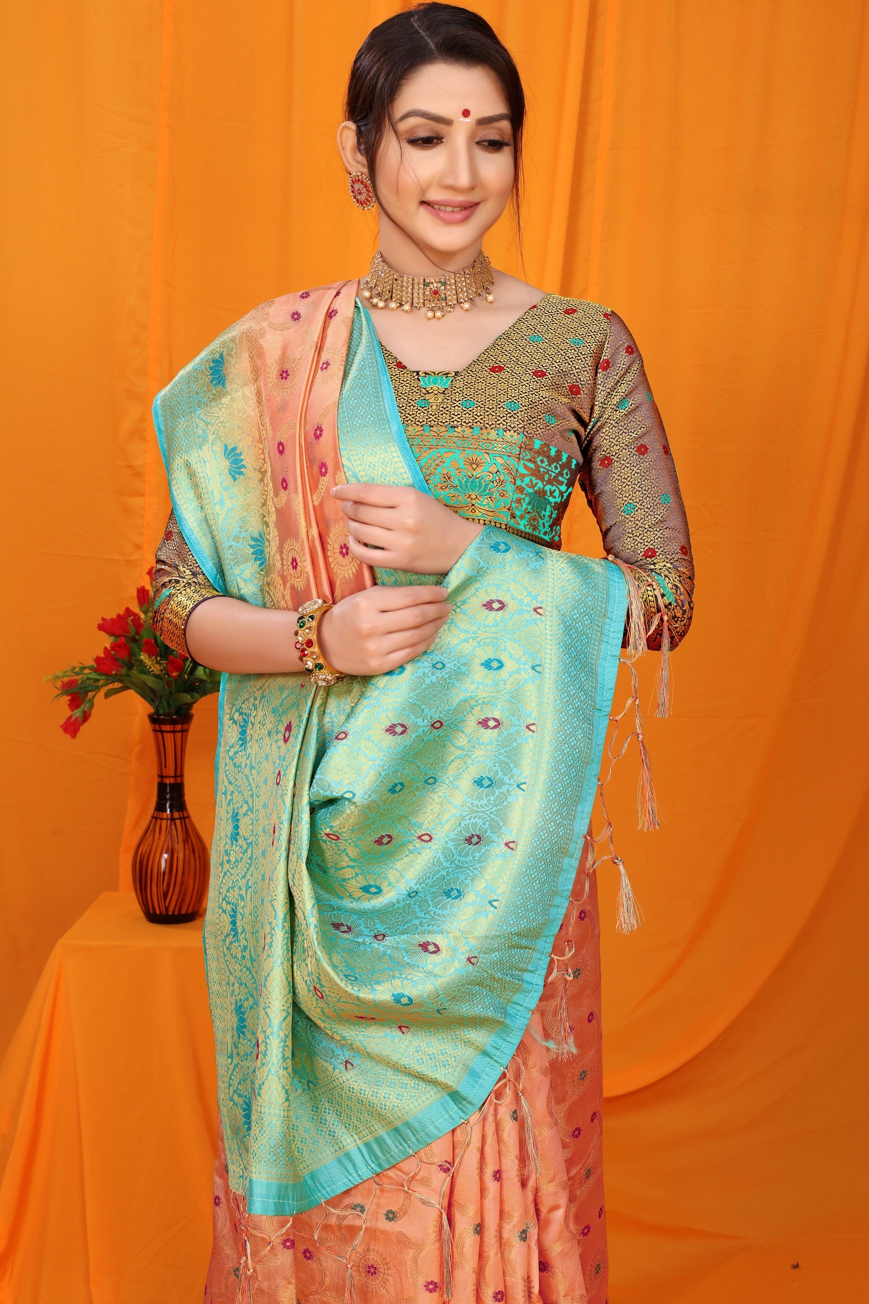 Peach And Sky Pure Silk Kanjivaram Saree With Zari Weaving