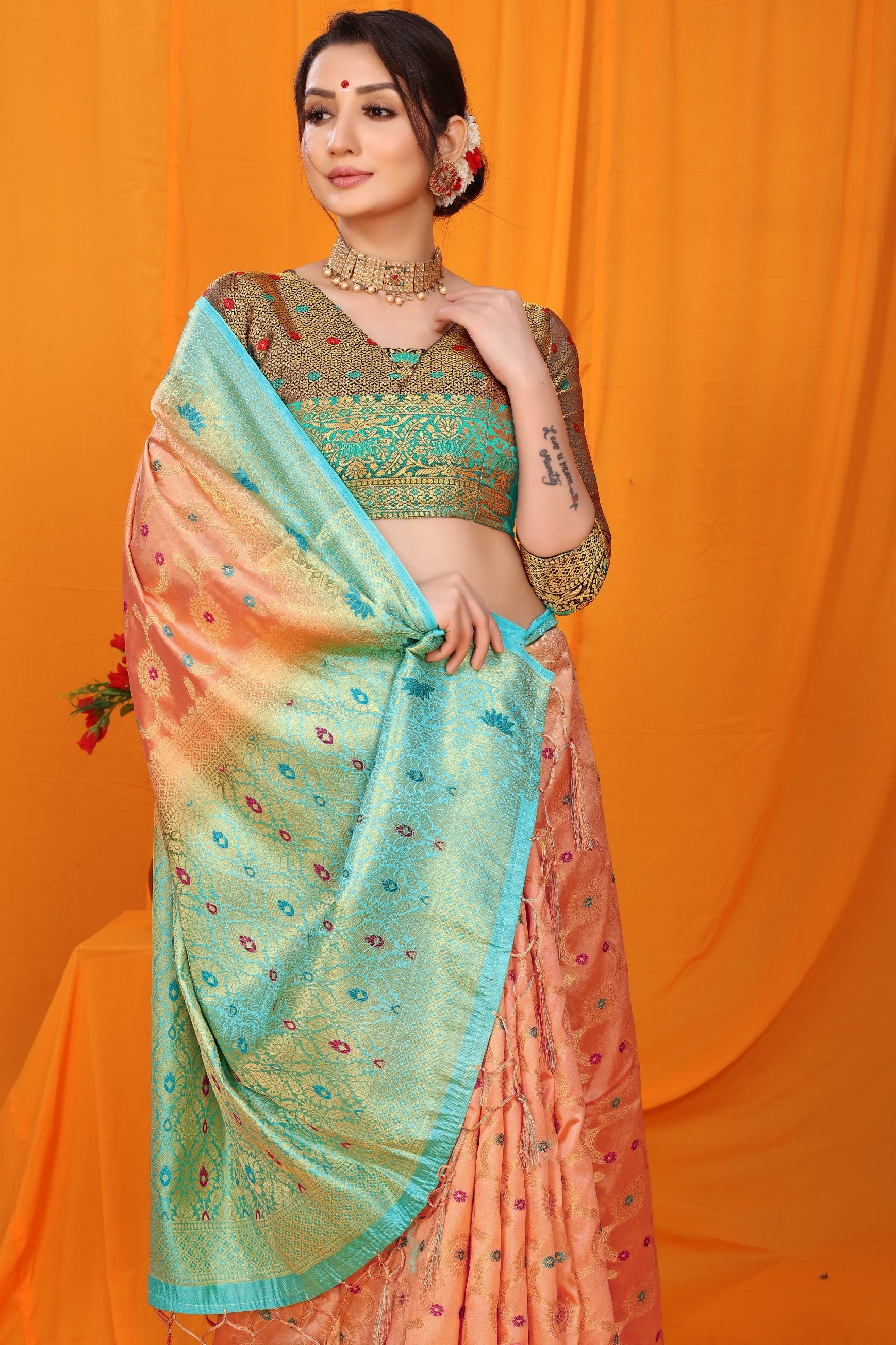 Peach And Sky Pure Silk Kanjivaram Saree With Zari Weaving