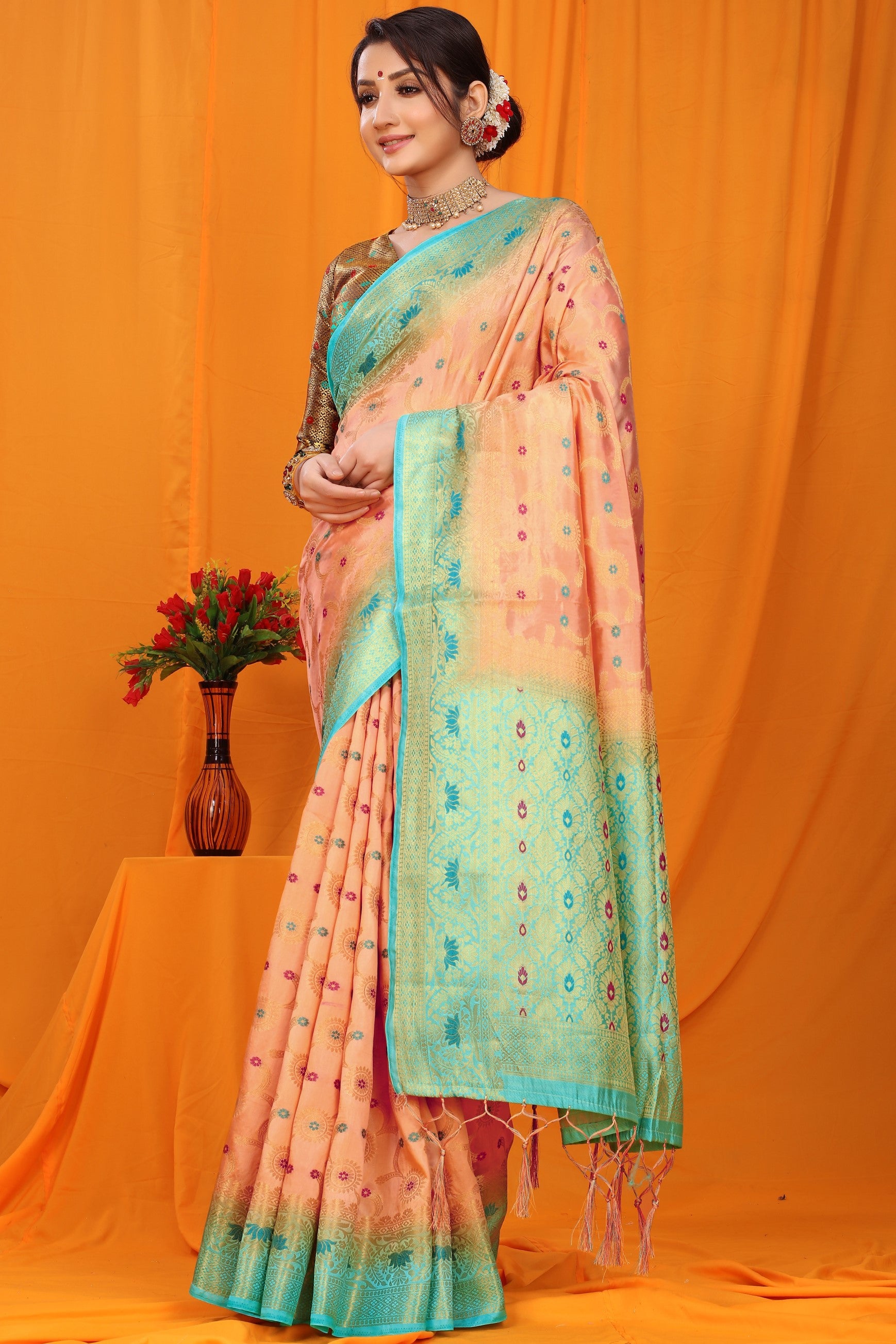 Peach And Sky Pure Silk Kanjivaram Saree With Zari Weaving