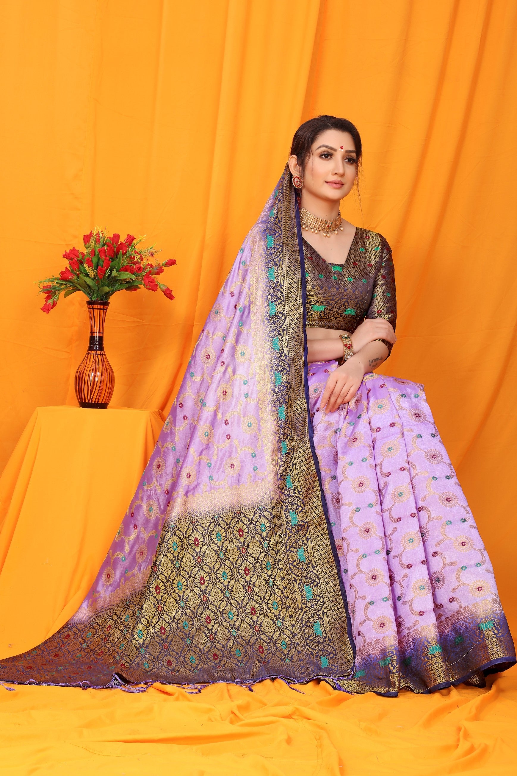 Purple And Blue Pure Silk Kanjivaram Saree With Zari Weaving