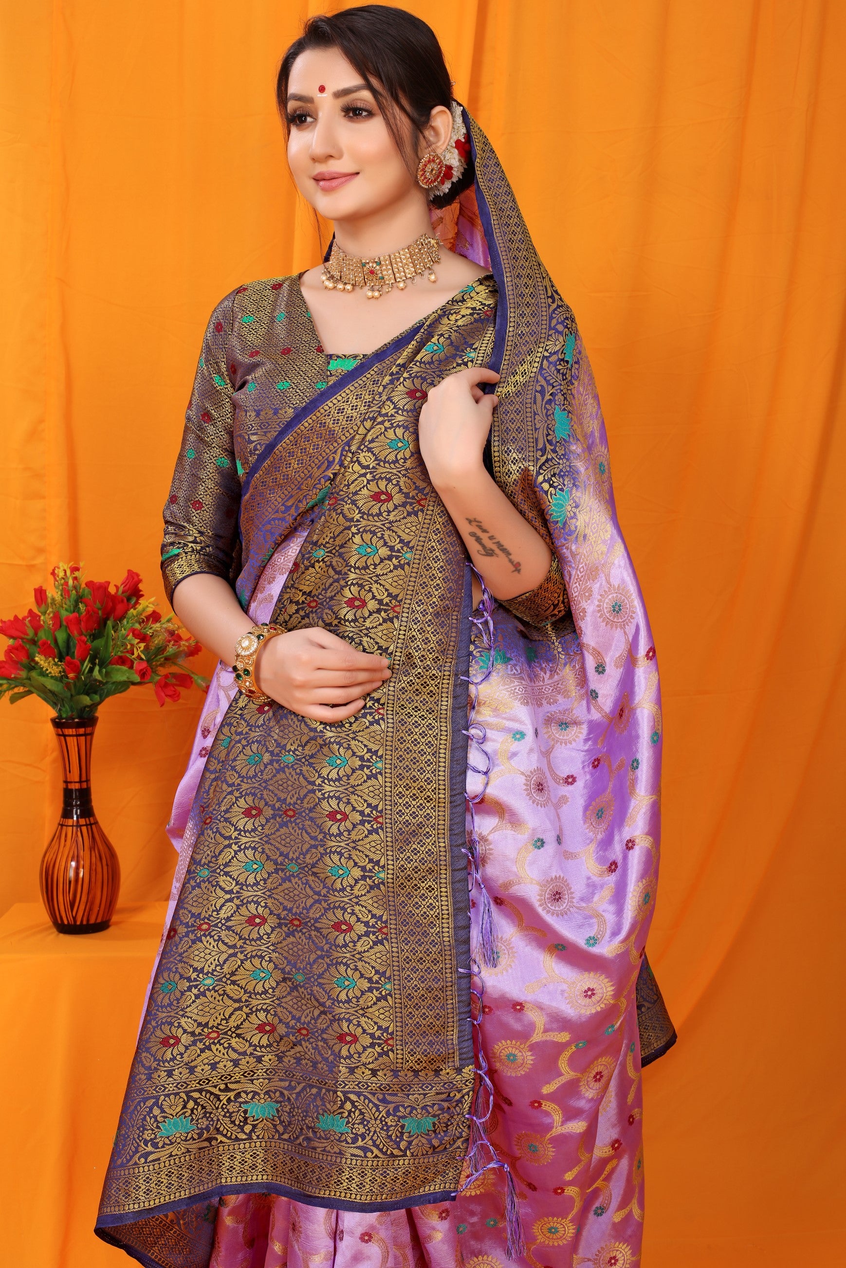 Purple And Blue Pure Silk Kanjivaram Saree With Zari Weaving