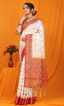 White And Red Pure Silk Kanjivaram Saree With Zari Weaving