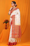 White And Red Pure Silk Kanjivaram Saree With Zari Weaving