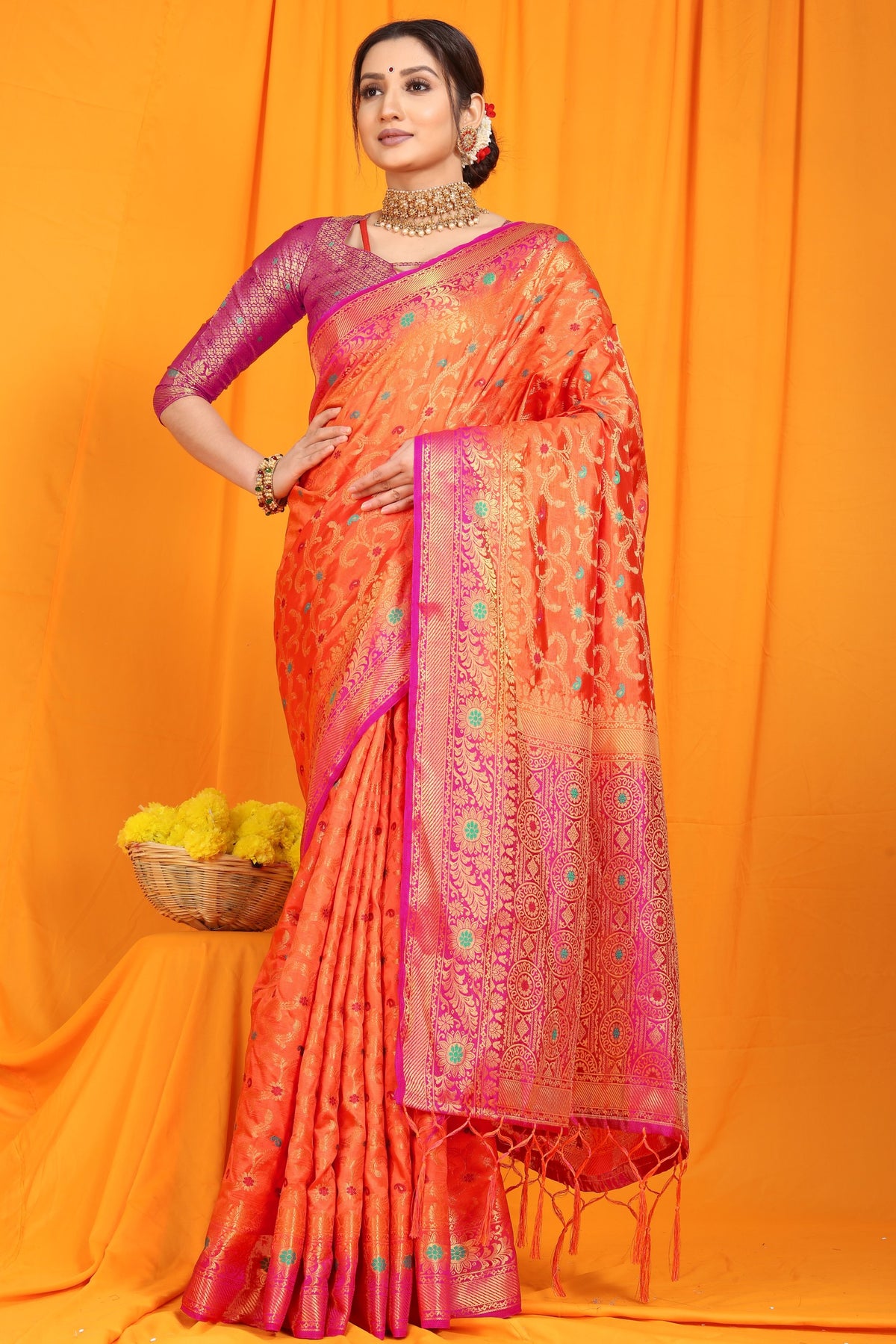 Orange And Pink Pure Silk Kanjivaram Saree With Zari Weaving