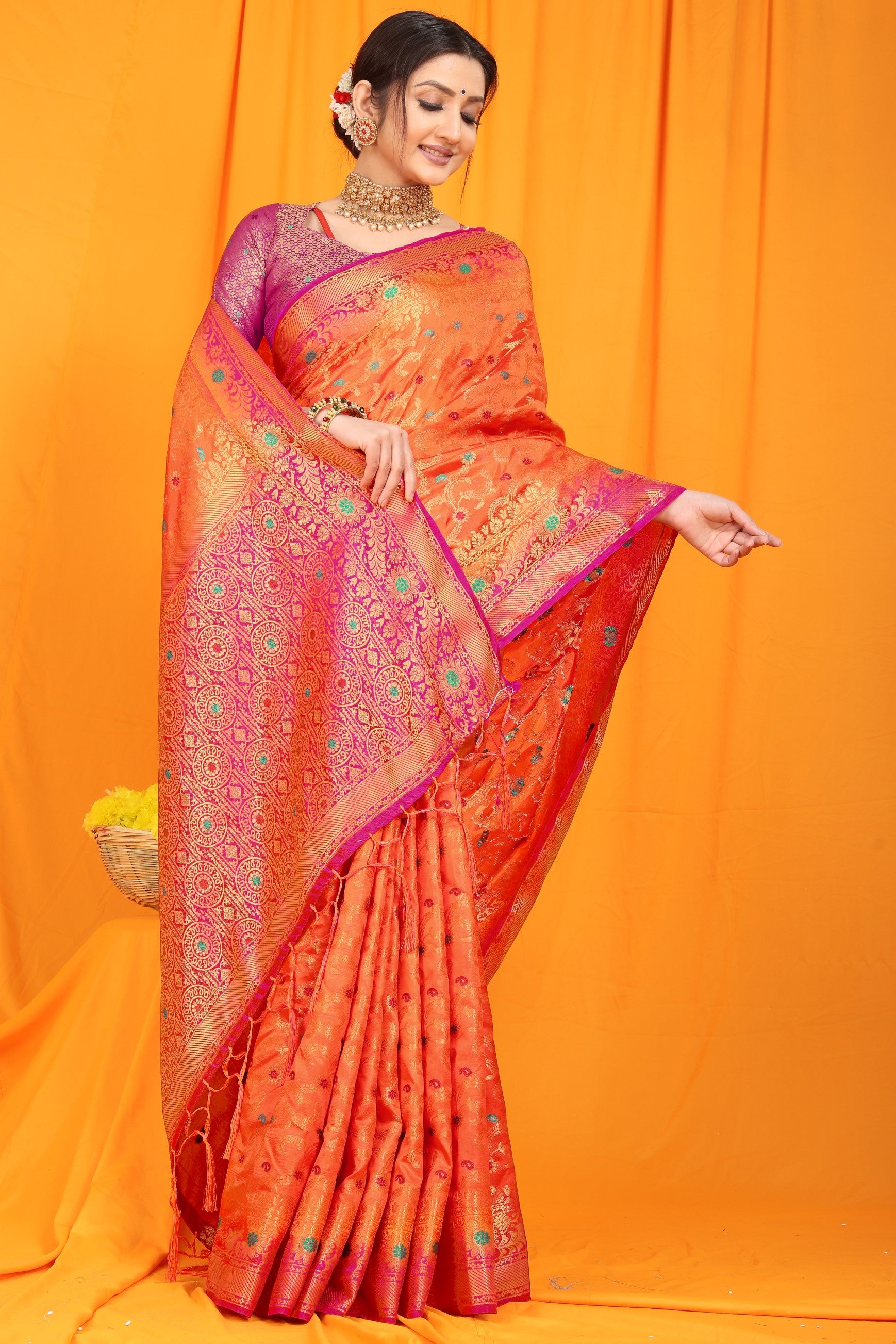 Orange And Pink Pure Silk Kanjivaram Saree With Zari Weaving