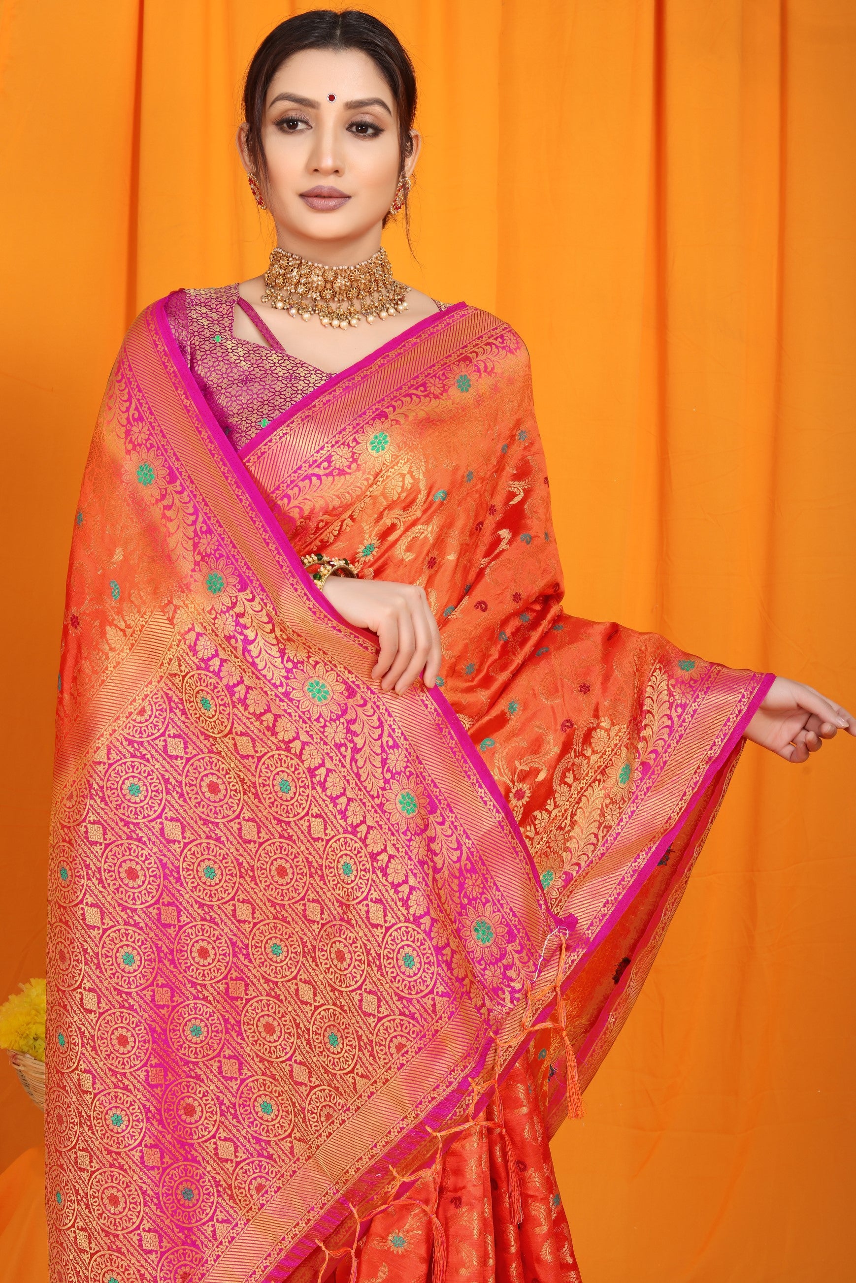 Orange And Pink Pure Silk Kanjivaram Saree With Zari Weaving