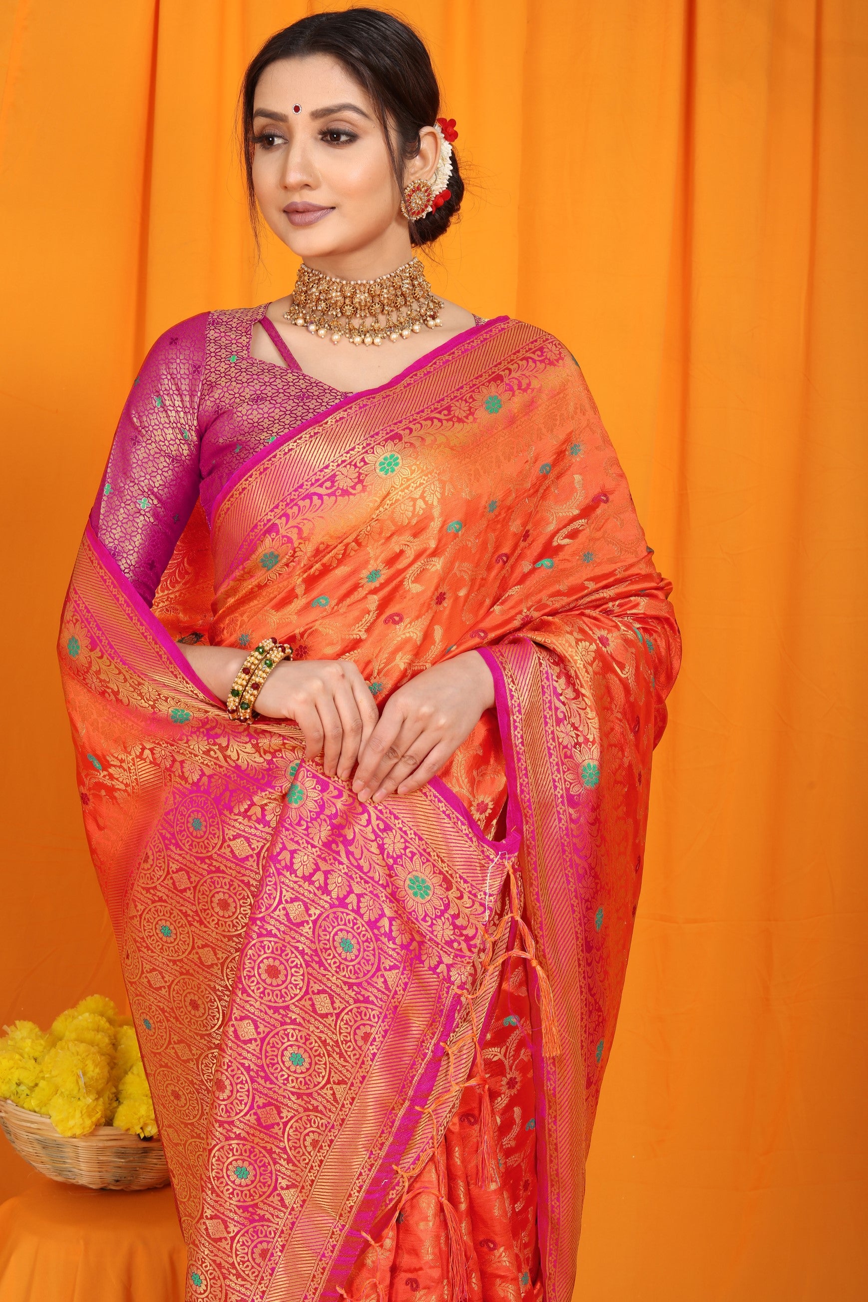 Orange And Pink Pure Silk Kanjivaram Saree With Zari Weaving