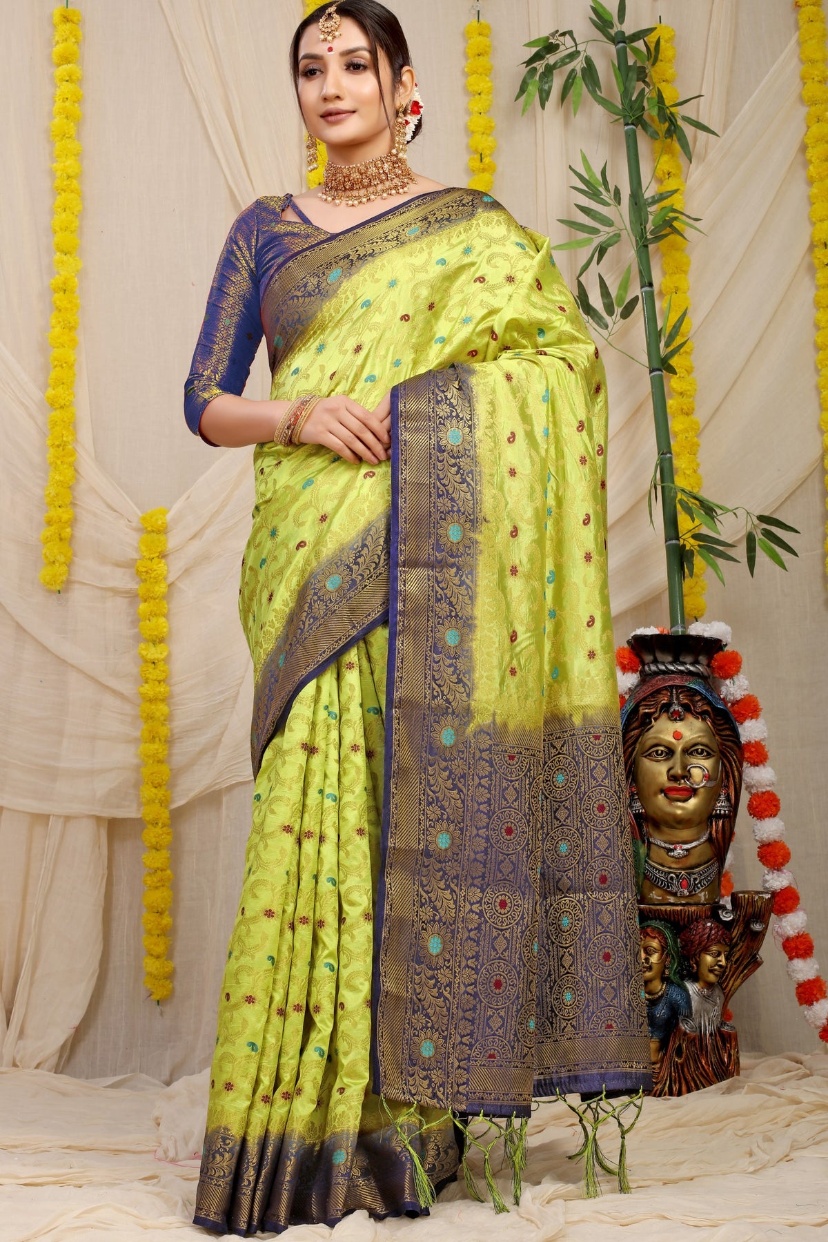 Parrot And Blue Pure Silk Kanjivaram Saree With Zari Weaving