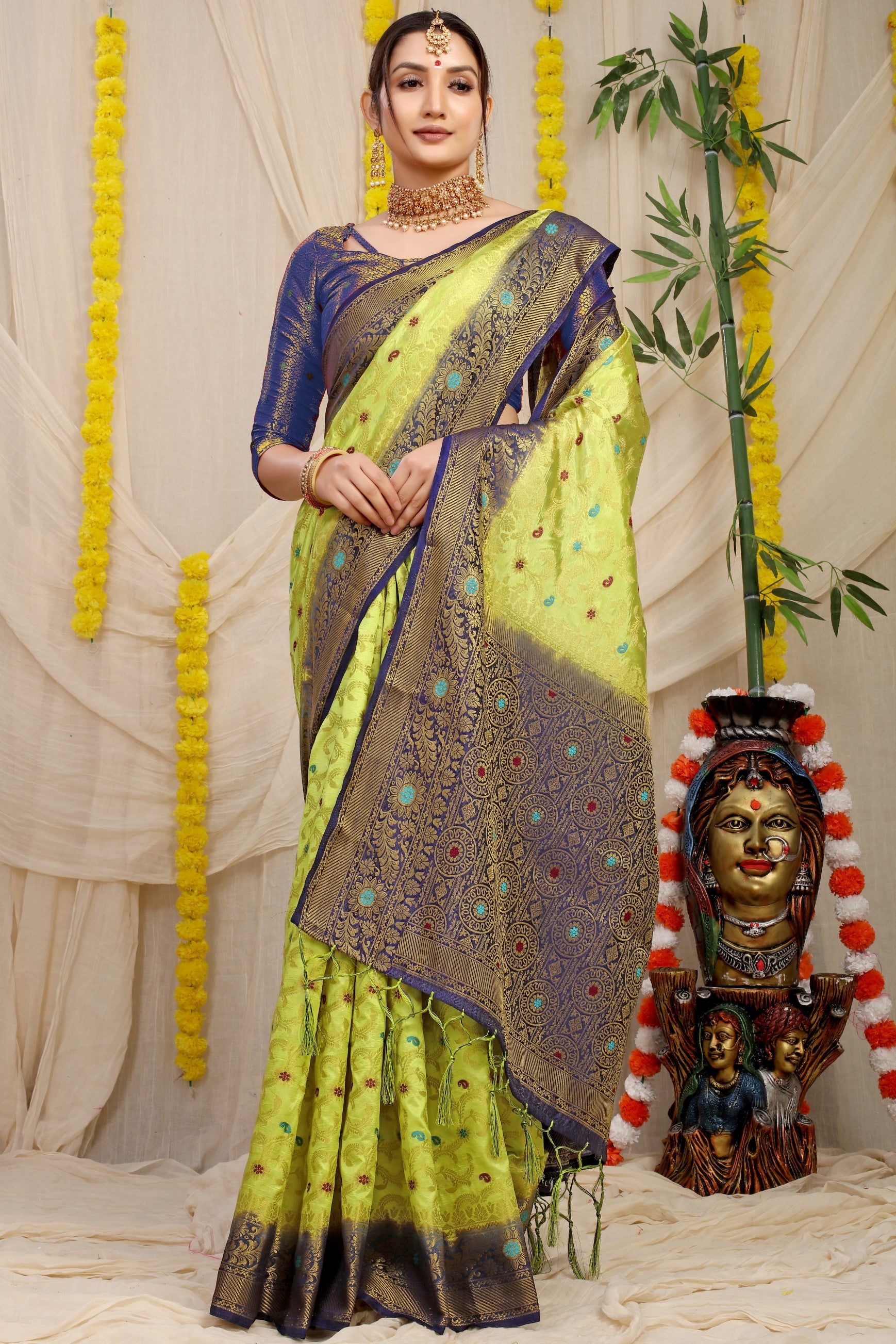 Parrot And Blue Pure Silk Kanjivaram Saree With Zari Weaving