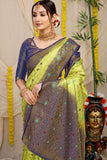 Parrot And Blue Pure Silk Kanjivaram Saree With Zari Weaving