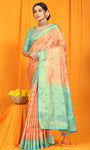 Peach And Sky Pure Silk Kanjivaram Saree With Zari Weaving